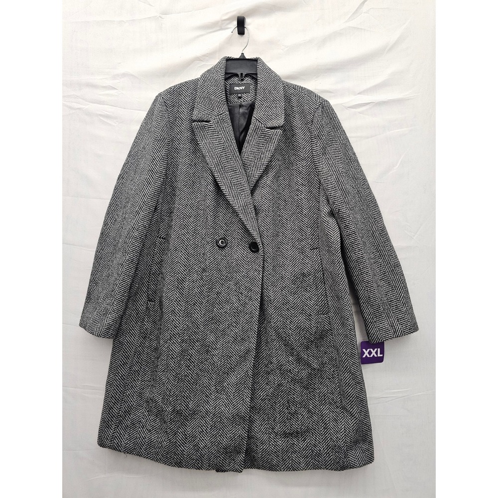 DKNY Womens‎ Herringbone Double Breasted Coat Black Polyester Blend Size XXL